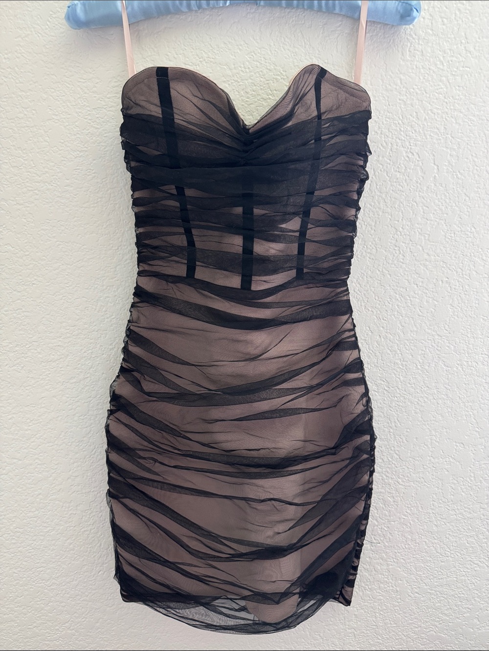 Fashion Nova Strapless Black Ruched Mesh Bodycon Dress